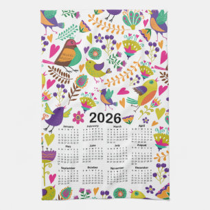 2026 Calendar Pink & Purple Birds and Flowers Tea Towel