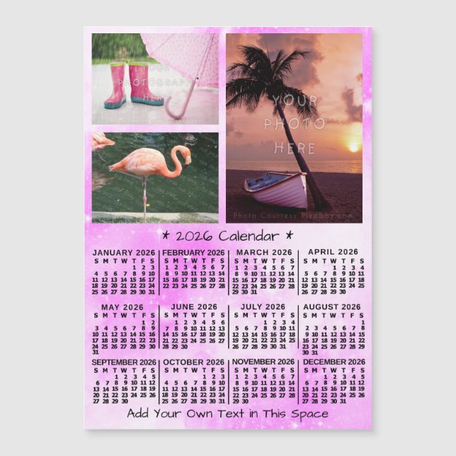 2026 Calendar Pink Watercolor Custom Photos Magnet (Front)