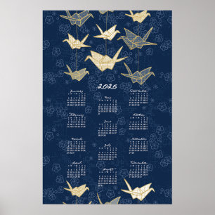 2026 Calendar Poster Origami Cranes Blue and Gold