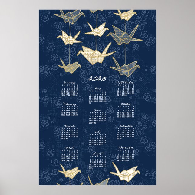 2026 Calendar Poster Origami Cranes Blue and Gold (Front)