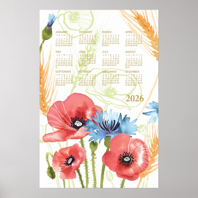 2026 Calendar Poster Watercolor Poppy (Front)