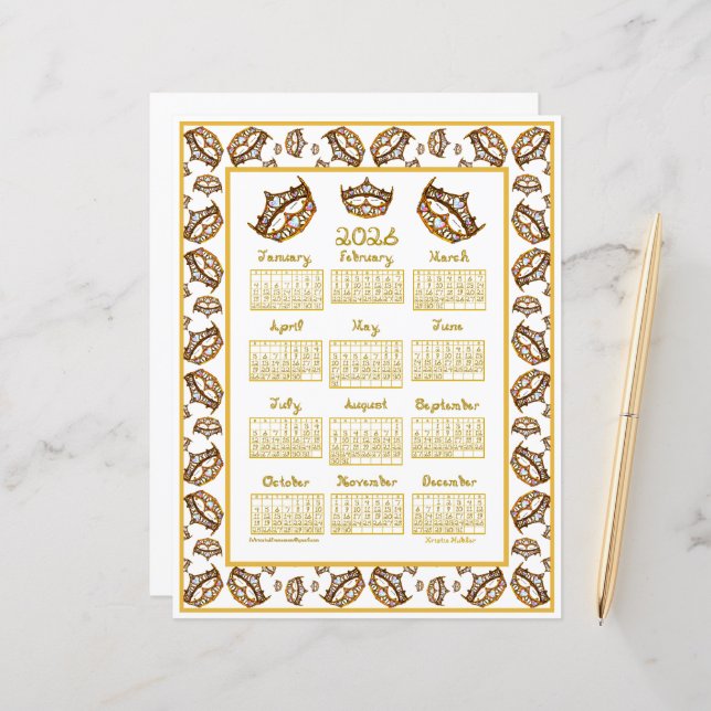 2026 Calendar Queen Hearts Gold Crown Fabric Font (Front/Back In Situ)