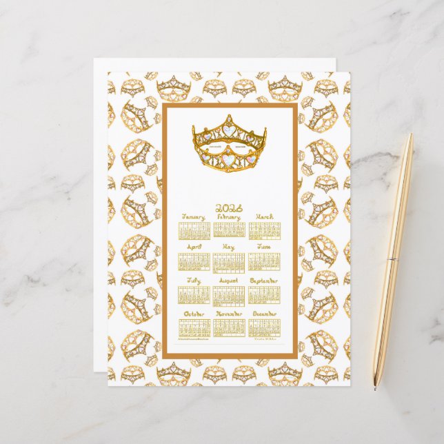 2026 Calendar Queen Hearts Gold Crown Fabric Font (Front/Back In Situ)