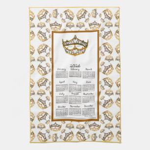 2026 Calendar Queen Hearts Gold Crown Fabric Font Tea Towel