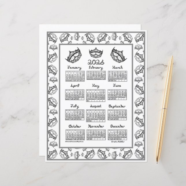 2026 Calendar Queen of Hearts Silver Tiara Fabric  (Front/Back In Situ)