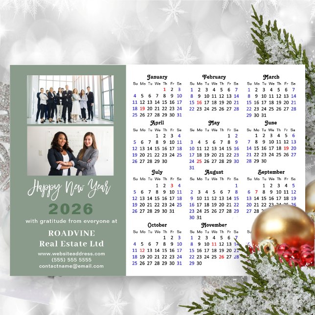2026 Calendar Sage Green Business 2 Photo New Year Holiday Card (Creator Uploaded)
