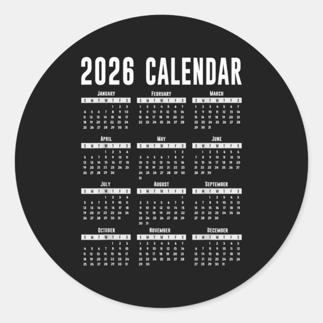 2026 Calendar Shirt 26 Calendar 2026  Classic Round Sticker (Front)