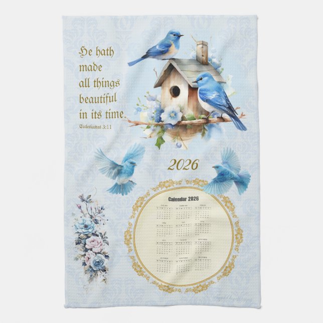 2026 Calendar Towel Bluebirds Birdhouse Ecc 3:11 (Vertical)