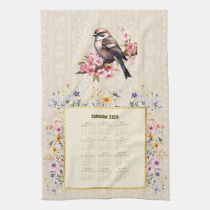 2026 Calendar Towel Sparrow with Wildflowers