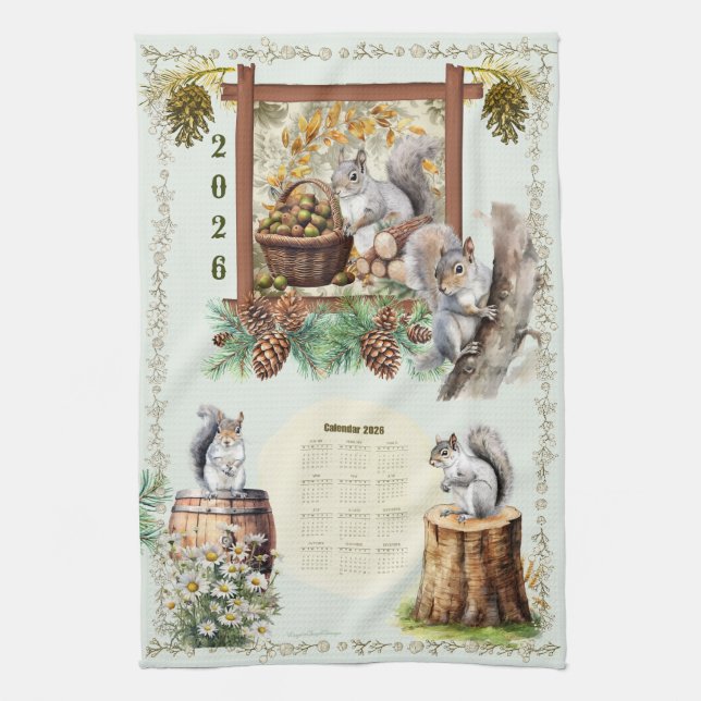 2026 Calendar Towel Squirrels Daisies Acorns Green (Vertical)