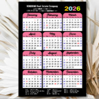 2026 Calendar US Holidays Pink Corporate Magnetic