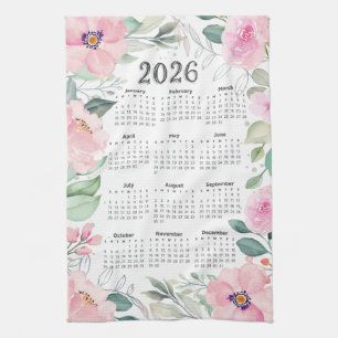 2026 Calendar Watercolor Blush Pink Floral Tea Towel