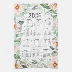 2026 Calendar Watercolor Eucalyptus Orange Floral Tea Towel