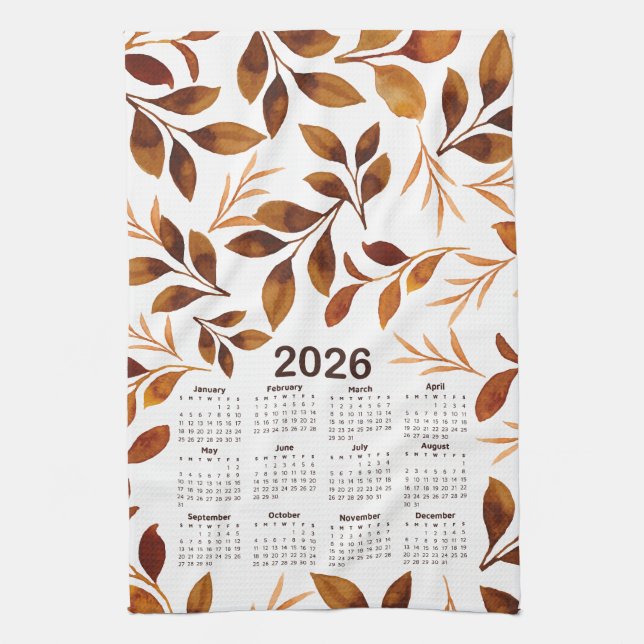 2026 Calendar Watercolor Fall Leaves Pattern Tea Towel (Vertical)