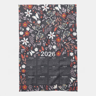 2026 Calendar Whimsical Floral and Butterfly Tea Towel