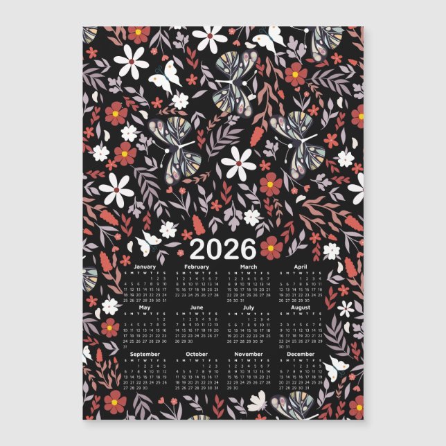 2026 Calendar Whimsical Floral & Butterfly Black (Front)