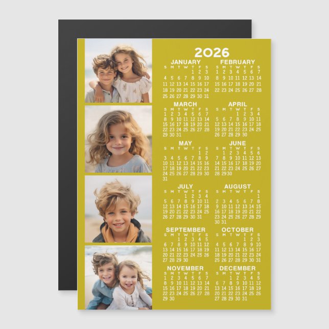 2026 Calendar with 4 Photo Collage Magnetic Card (Front/Back)
