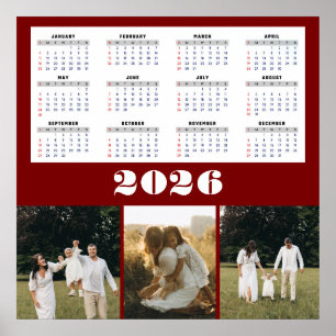 2026 Calendar with Burgundy Background Poster