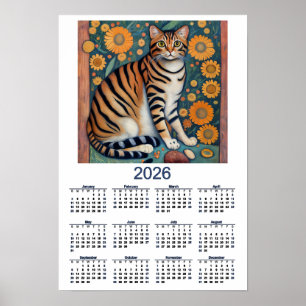 2026 Calendar with Tabby Cat Folk Art Poster