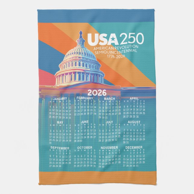 2026 Calendar with USA 250 Capital Dome America Tea Towel (Vertical)