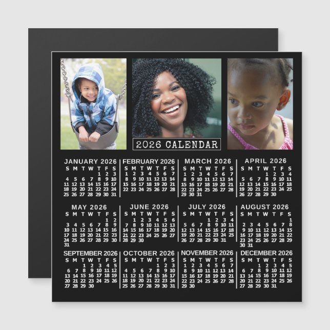 2026 Calendar Year Black | 3 Custom Photo Collage Magnetic Invitation (Front/Back)