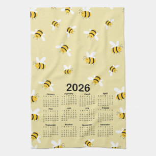 2026 Calendar Yellow Honey Bumble Bee Pattern Tea Towel