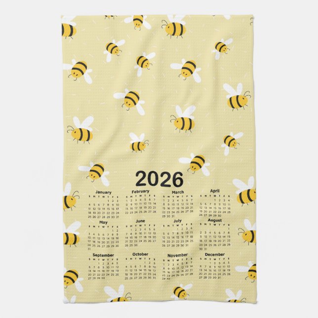 2026 Calendar Yellow Honey Bumble Bee Pattern Tea Towel (Vertical)