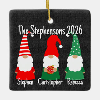 2026 Christmas Gnomes Cute Family 3 Kids Holiday Ceramic Ornament