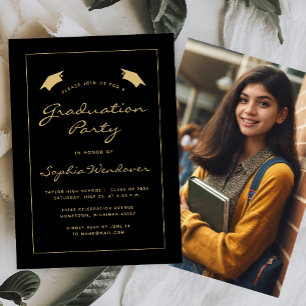 2026 Classic Black Gold Border Graduation Party Invitation