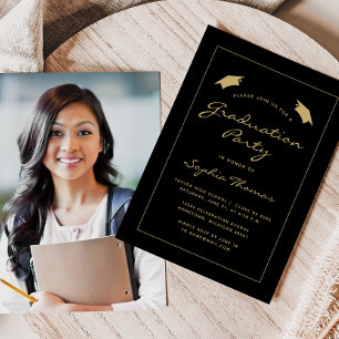 2026 Classic Black Gold Border Graduation Party Invitation