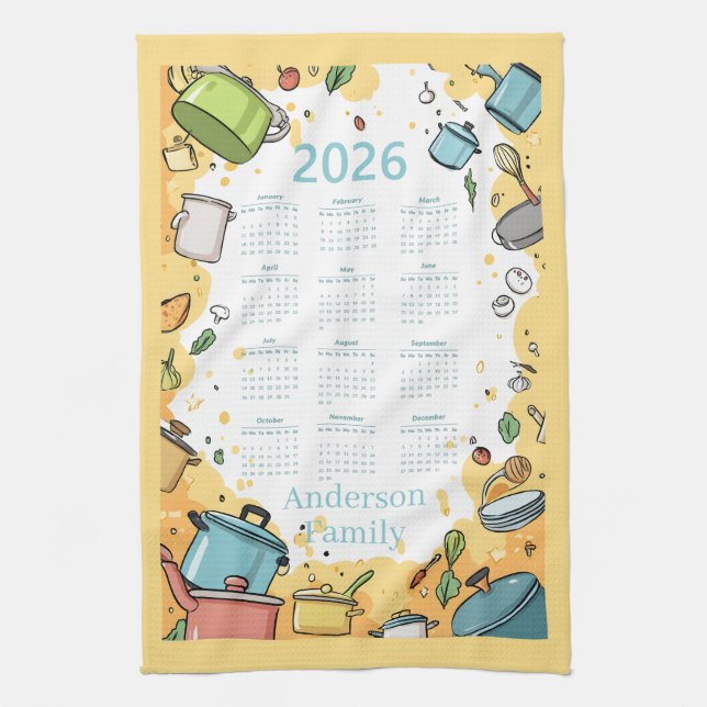 2026 Colourful Kitchen Cookware Theme Calendar  Tea Towel (Vertical)
