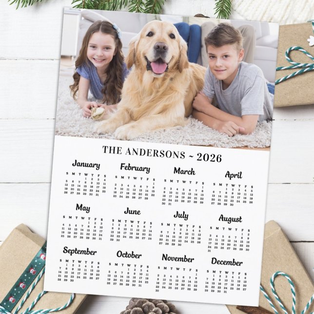 2026 Custom Photo & Family Name 12 Month Calendar Holiday Postcard (Creator Uploaded)