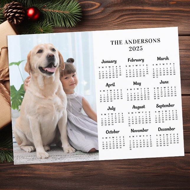 2026 Custom Photo Pet Dog Kids 12 Month Calendar Holiday Postcard (Creator Uploaded)