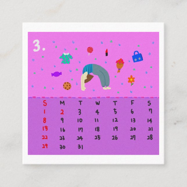 2026 Cute Cartoon Yoga Poses Calendar, Health  Square Business Card (Front)