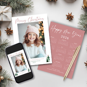 2026 Cute Pink Green Christmas Tree Photo Calendar Holiday Card