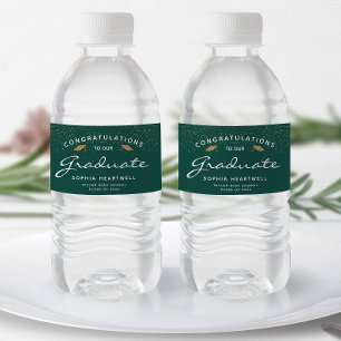 2026 Dark Green Gold Caps White Script Graduation Water Bottle Label
