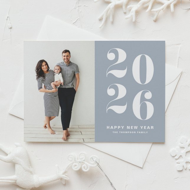 2026 Dusty Blue Bold Typography New Year Photo Holiday Postcard (Ring in 2026 with this dusty blue Happy New Year Photo Postcard featuring retro bold typography.)