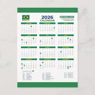 2026 Editable Calendar with National Holidays Postcard