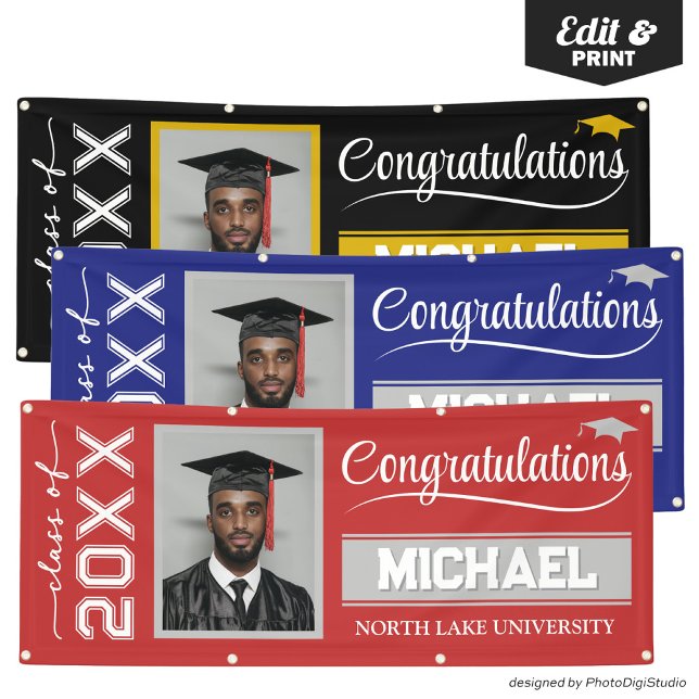 2026 Editable Graduation Banner with Name & School (2025 Editable Graduation Banner with Name & School, Red and White Banner Outdoor Horizontal)