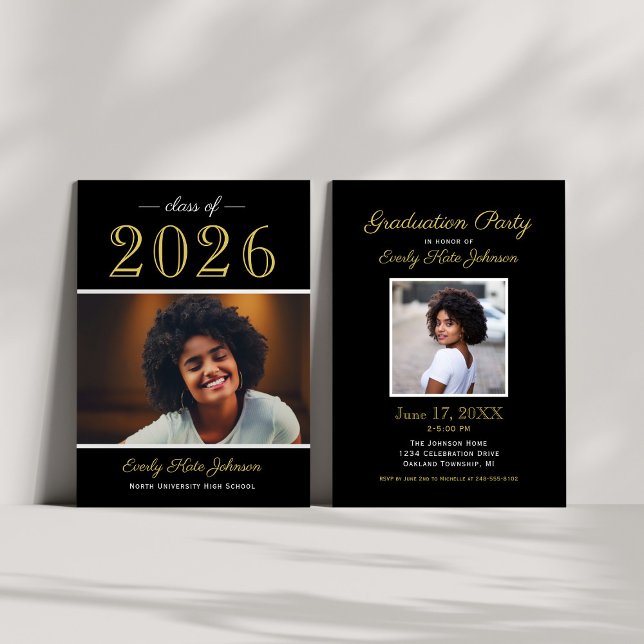 2026 Elegant Black Gold Photo Graduation Party Invitation (Creator Uploaded)
