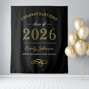 2026 Elegant Gold and Black Custom Graduation Tapestry