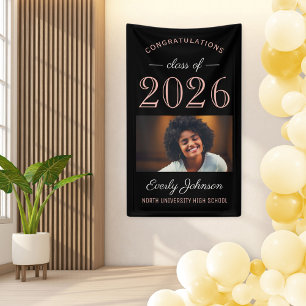 2026 Elegant Rose Gold Black Custom Graduation Banner