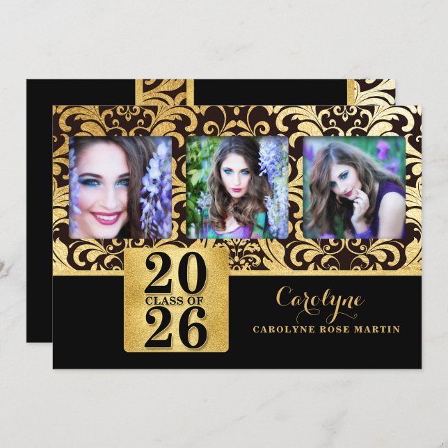 2026 Faux Gold and Black Elegant Class of Photo Invitation (Front/Back)