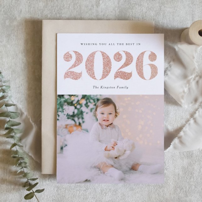 2026 Faux Rose Gold Glitter Happy New Year Photo Holiday Card (Customizable photo 2026 Happy New Year card featuring festive faux rose gold glitter.)