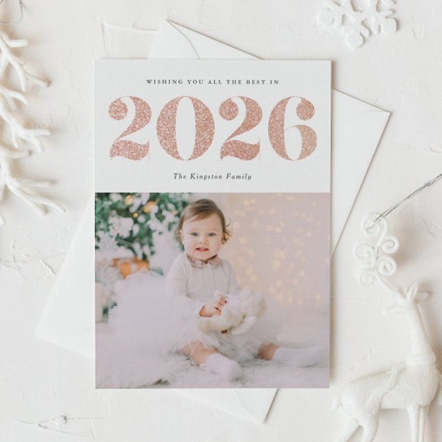 2026 Faux Rose Gold Glitter Happy New Year Photo Holiday Postcard (Customizable photo New Year postcard featuring 2026 in faux rose gold glitter.)