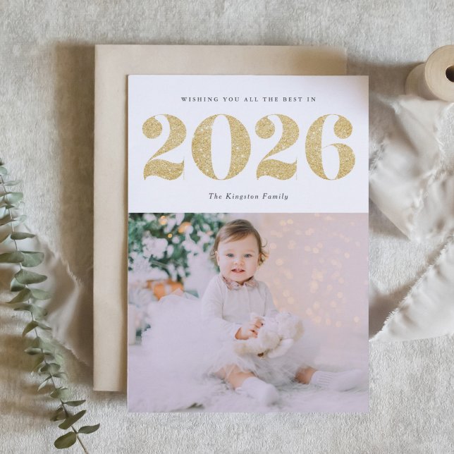 2026 Faux Silver Glitter Happy New Year Photo Holiday Card (Customizable photo 2026 Happy New Year card featuring festive faux gold glitter.)