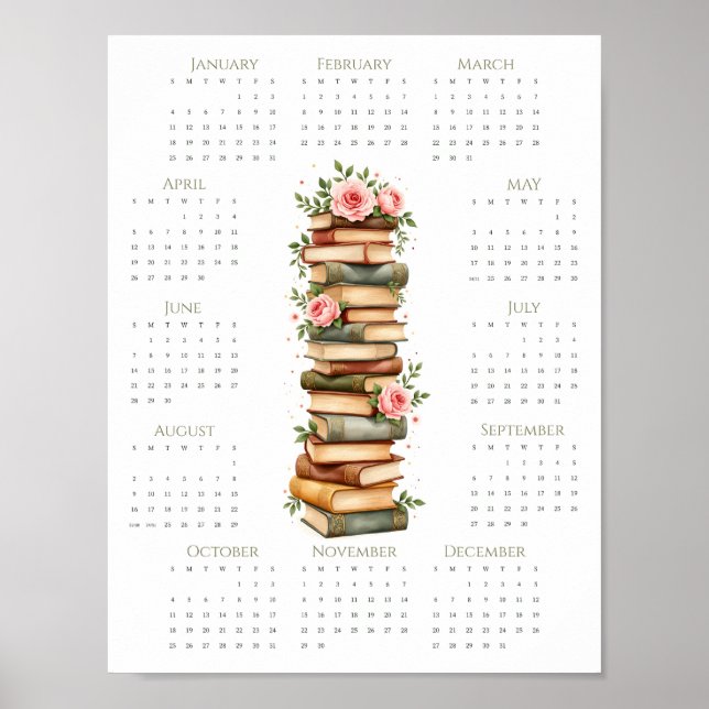 2026 Floral Book Lover Calendar 1-Page Wall Print (Front)