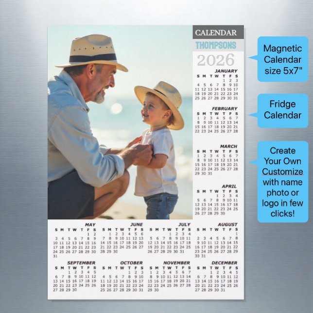 2026 Fridge Photo Calendar / Family (Family Fridge Photo Calendar 2026 / Magnetic 5x7")
