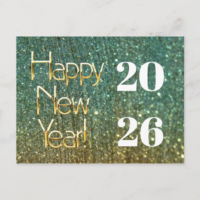 2026,Gold Green Glitter Happy New Year  Postcard (Front)