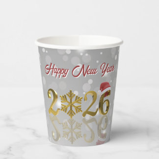 2026 Golden New Year with Snowflake and Santa Hat Paper Cups